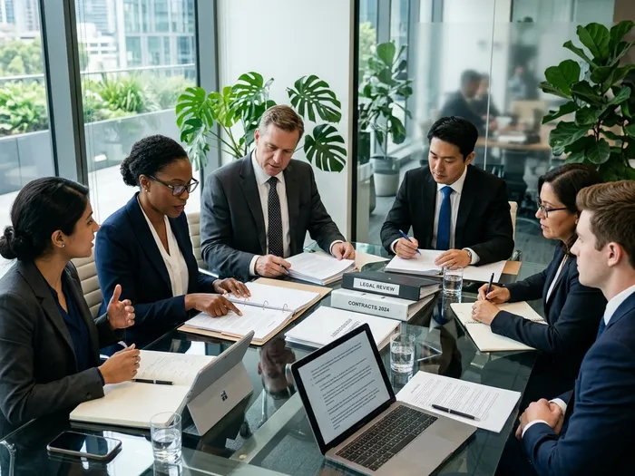 Equipo de abogados reunidos en oficina corporativa